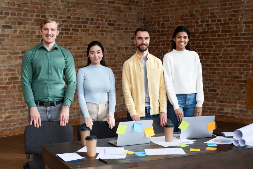 Group of colleagues standing behind laptops at workspace business directory
